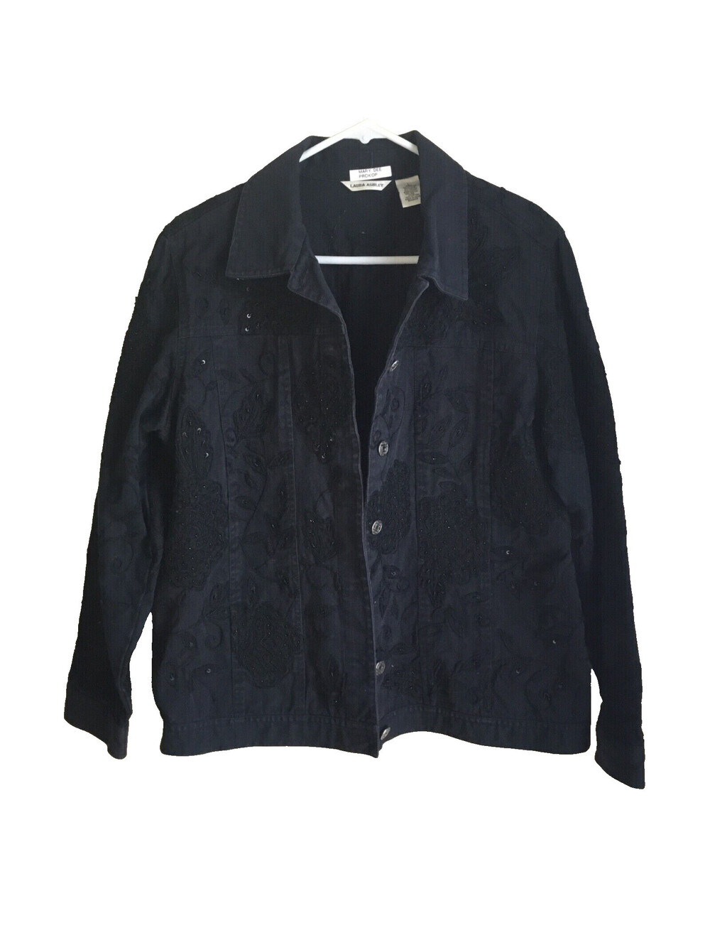 LAURA ASHLEY 100% Cotton Women's Black Denim Applique Beaded Western Jean Jacket